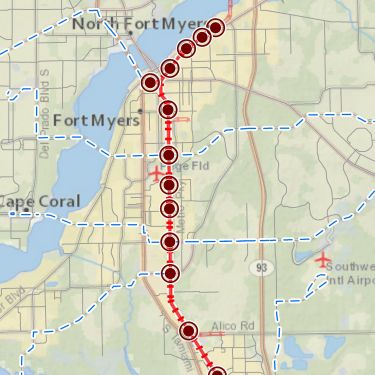 Lee County railroad corridor map, with potential stations